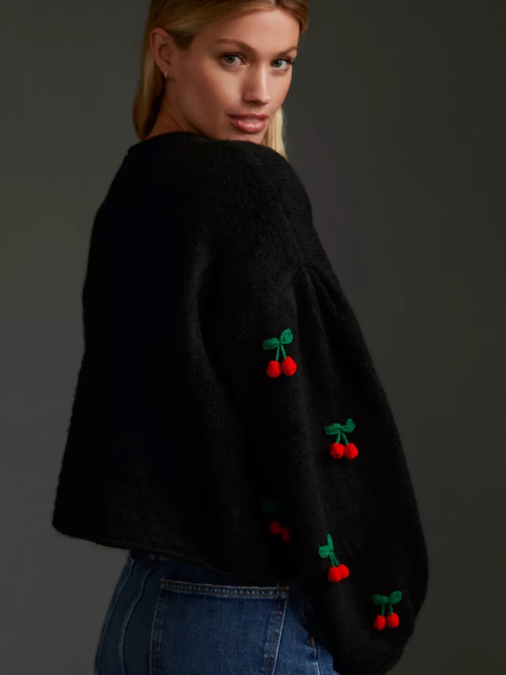 FARM Rio Anthropologie Crochet Cherry Embroidered Sweater Black Cardigan XS - Picture 3 of 15